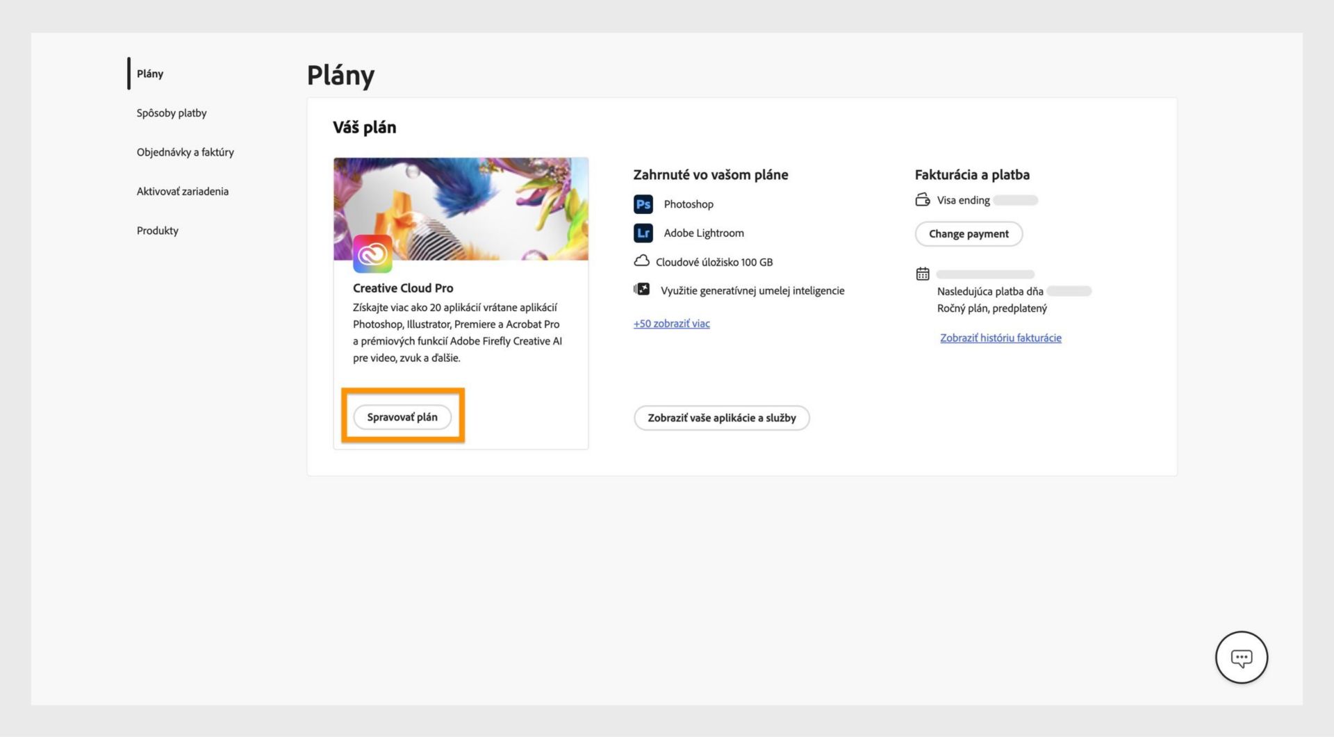 Okno Plány, kde je pod aktuálne aktívnym plánom zvýraznené tlačidlo Spravovať plán.