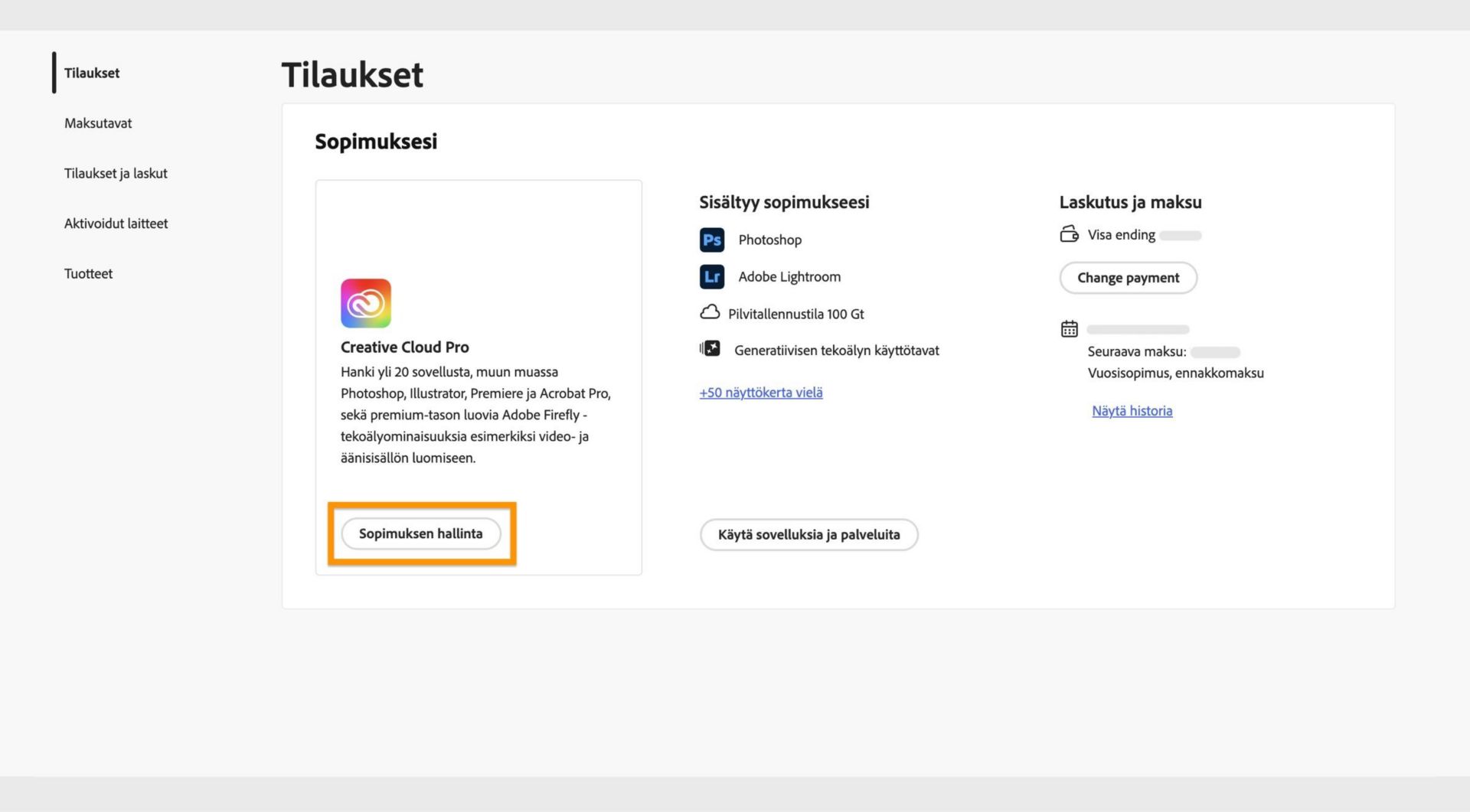 Sopimusikkunassa näkyy korostettu Sopimuksen hallinta -painike aktiivisen sopimuksen alla.