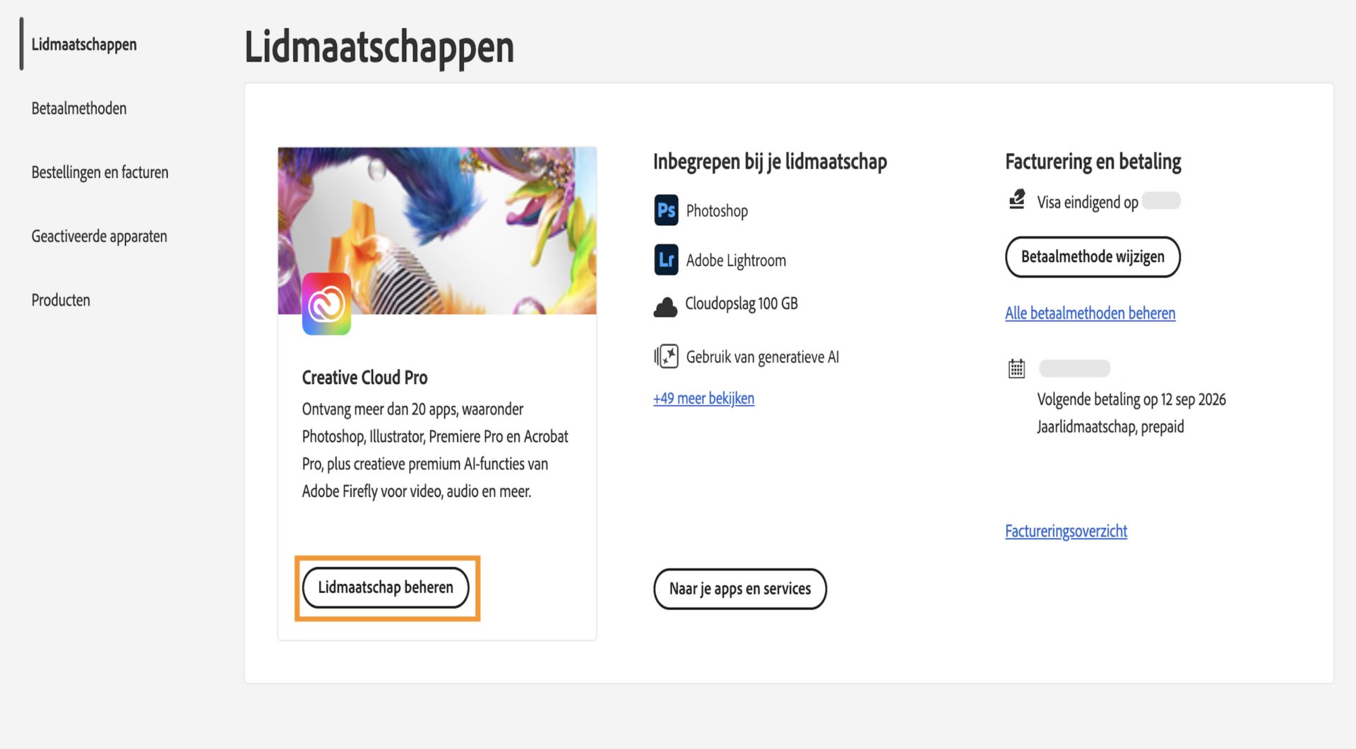 Met de knop Lidmaatschap beheren, die beschikbaar is voor een actief lidmaatschap in het gedeelte Lidmaatschappen, kun je je Adobe-abonnement opzeggen.