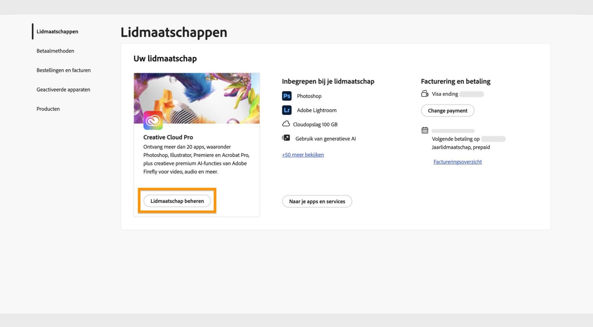Het venster Lidmaatschappen, waarin de knop Lidmaatschap beheren is gemarkeerd onder het momenteel actieve lidmaatschap.