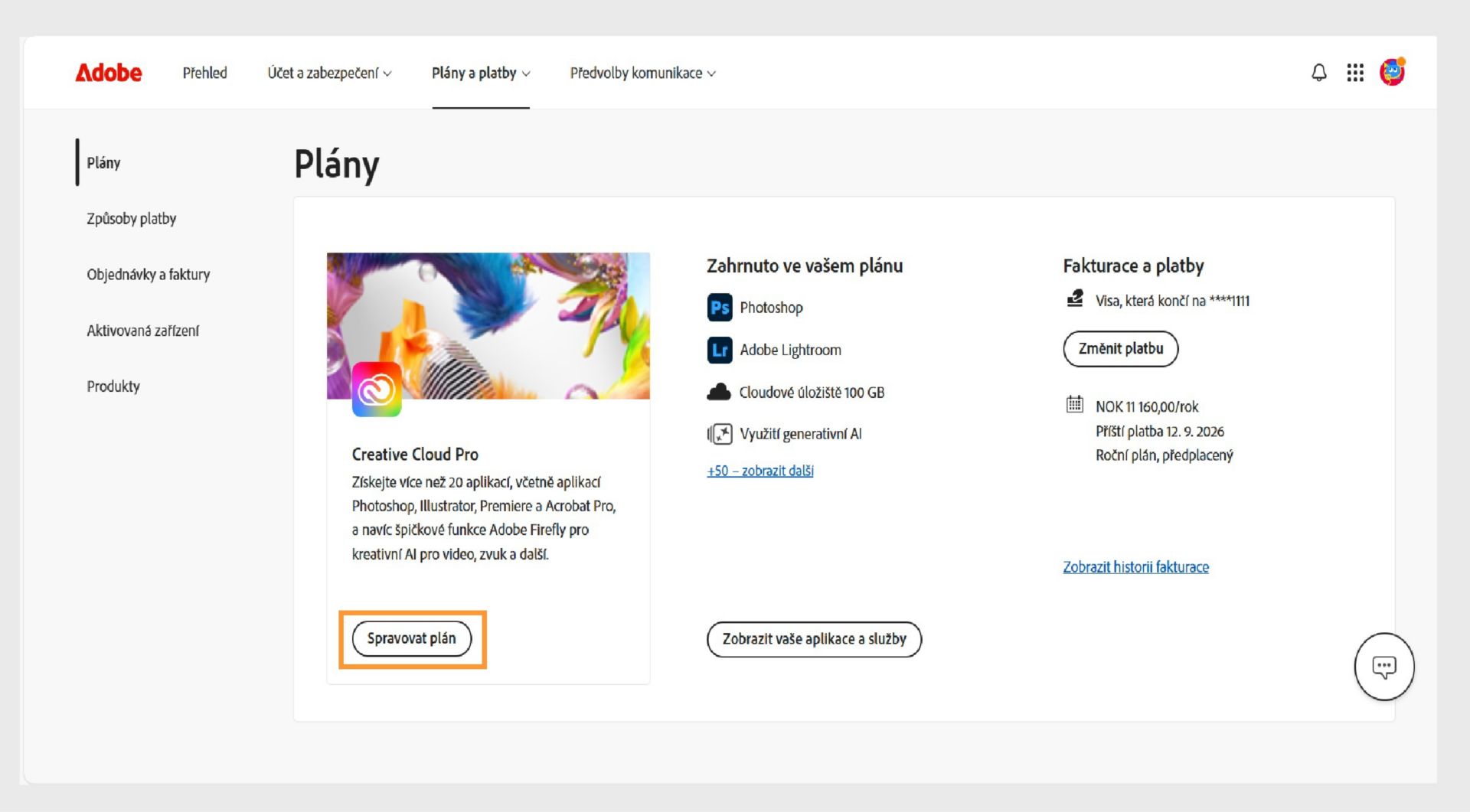 Knappen Administrer abonnement, der er tilgængelig for en aktiv plan under sektionen Planer, giver mulighed for at opsige dit Adobe-abonnement.