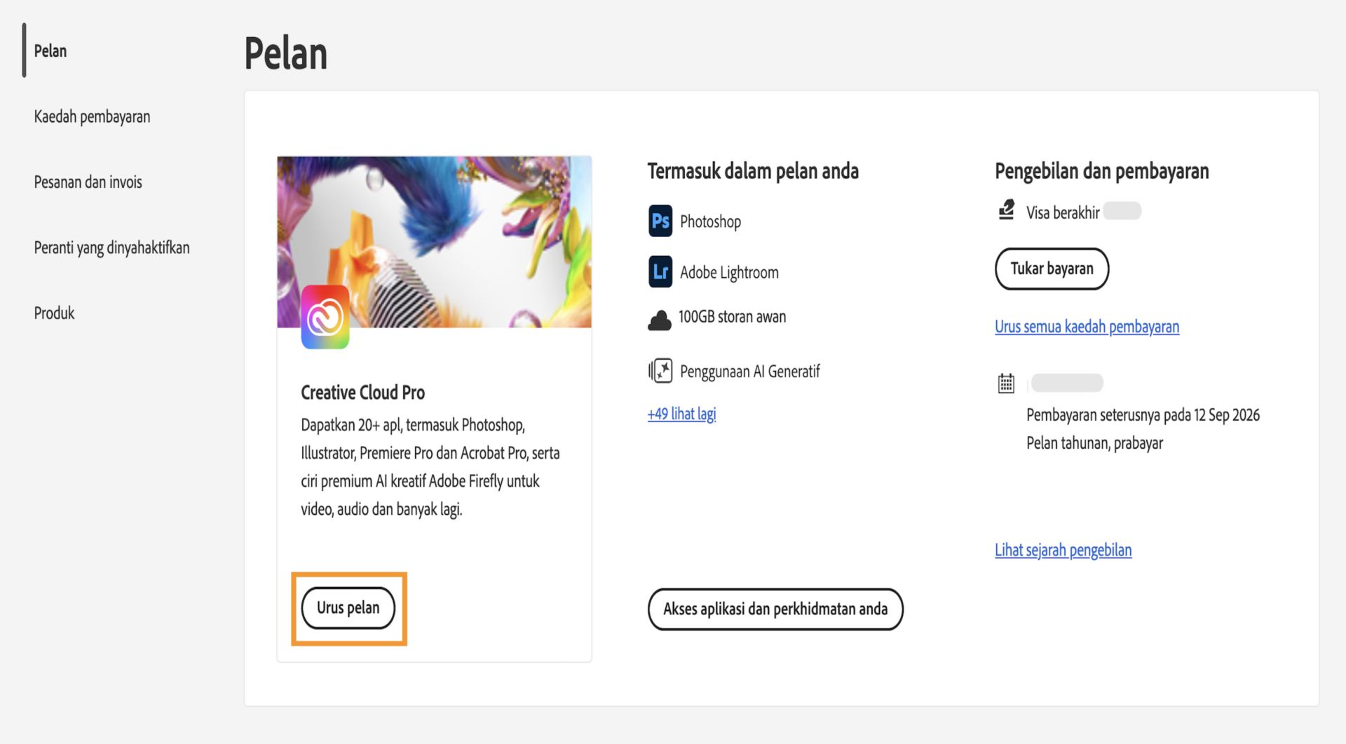 Butang Urus pelan, tersedia untuk pelan aktif di bawah bahagian Pelan, memberikan pilihan untuk membatalkan langganan Adobe anda.