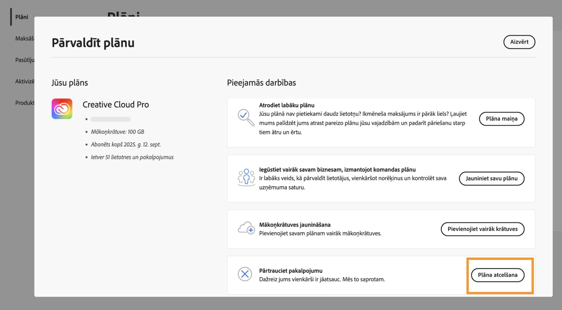 Poga “Pārvaldīt plānu”, kas ir pieejama aktīvam plānam sadaļā “Plāni”, piedāvā iespēju atcelt Adobe abonementu.