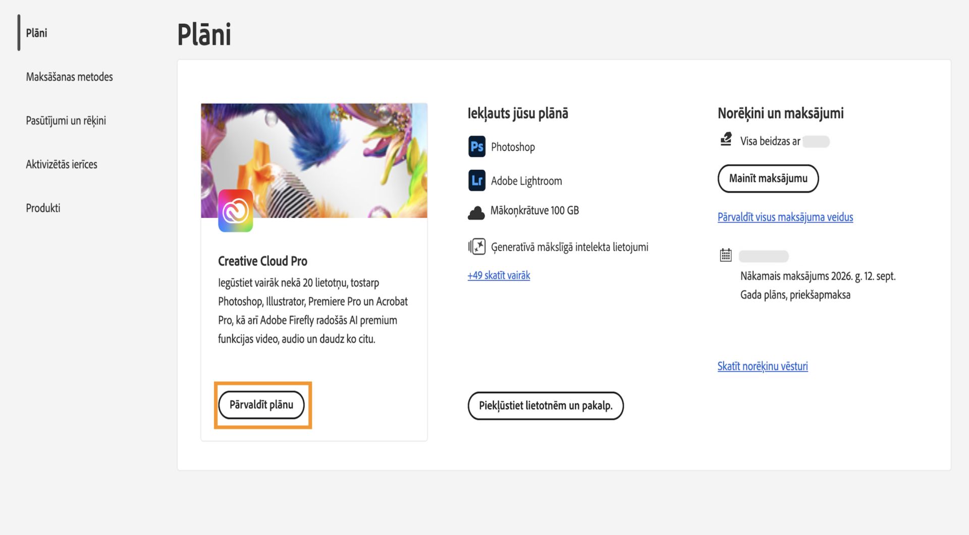 Plānu logs, kurā poga Pārvaldīt plānu ir izcelta zem pašlaik aktīvā plāna.