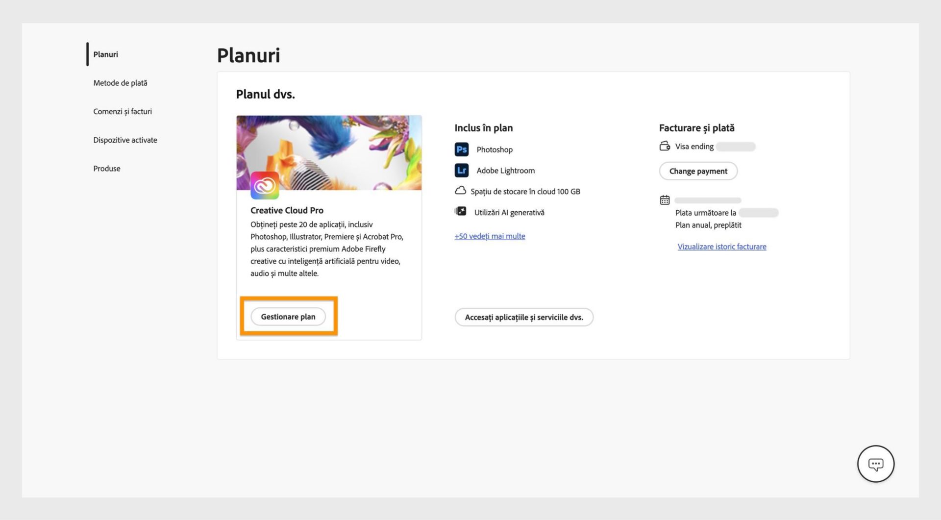 Fereastra Planuri, unde butonul Gestionare Plan este evidențiat sub planul principal curent.
