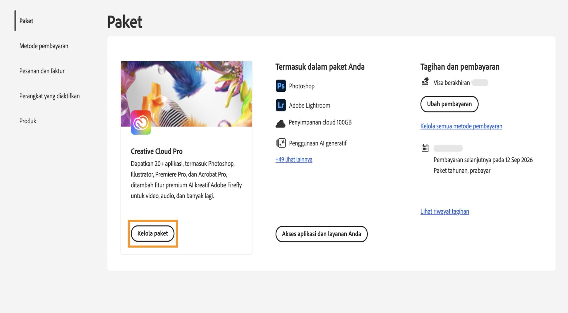 Tombol Kelola paket, tersedia untuk paket aktif di bawah bagian paket, menyediakan opsi untuk membatalkan langganan Adobe Anda.