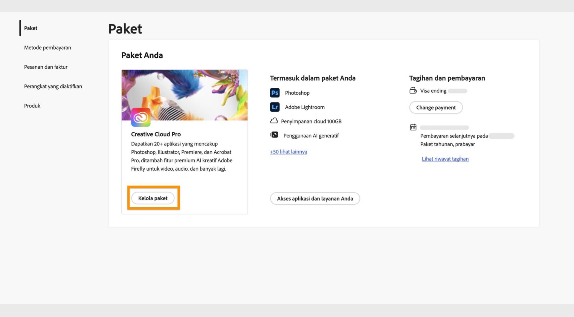 Jendela Paket, tempat tombol Kelola paket disorot di bawah paket yang sedang aktif.