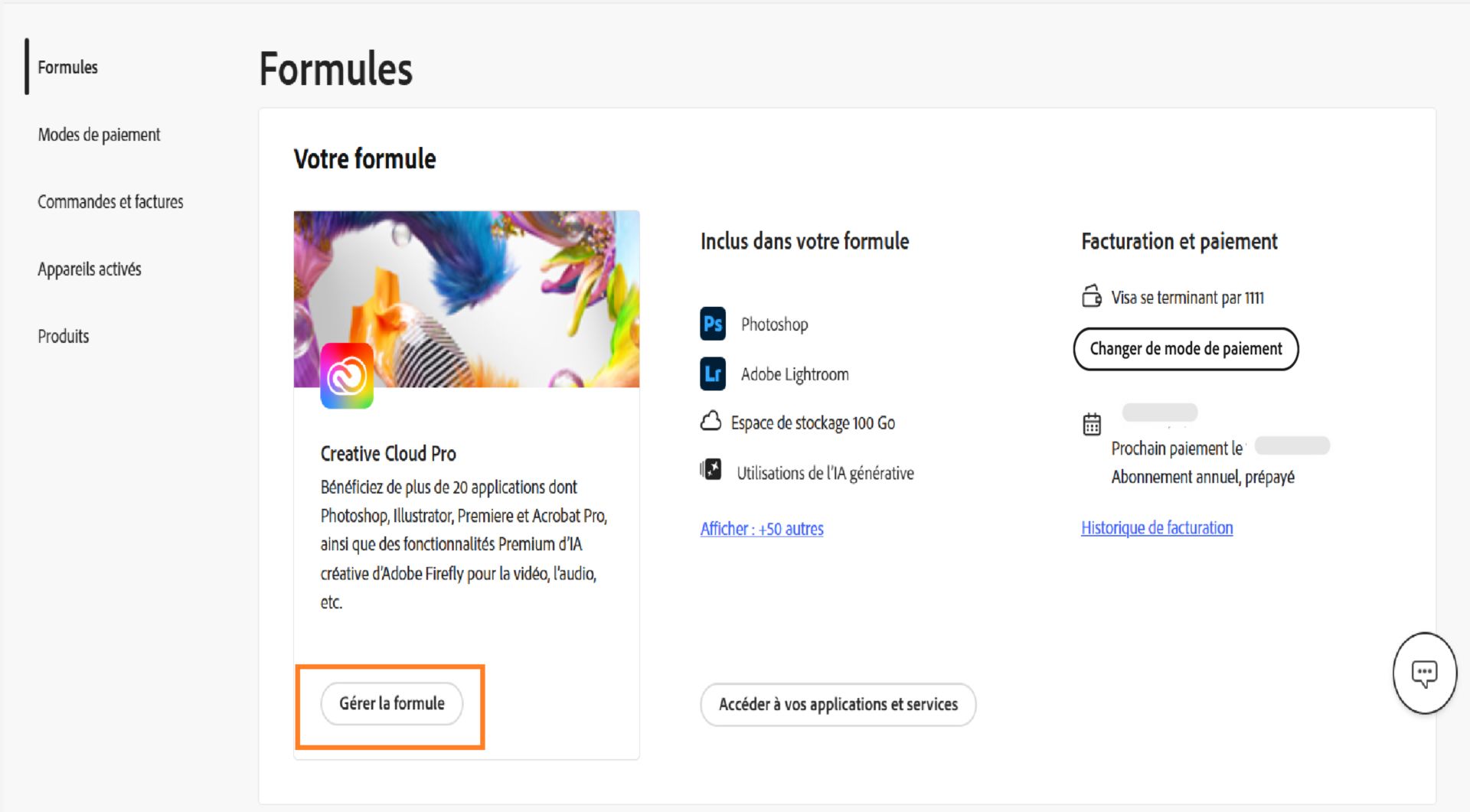 La fenêtre Formules, où le bouton Gérer la formule est mis en surbrillance sous la formule actuellement active.