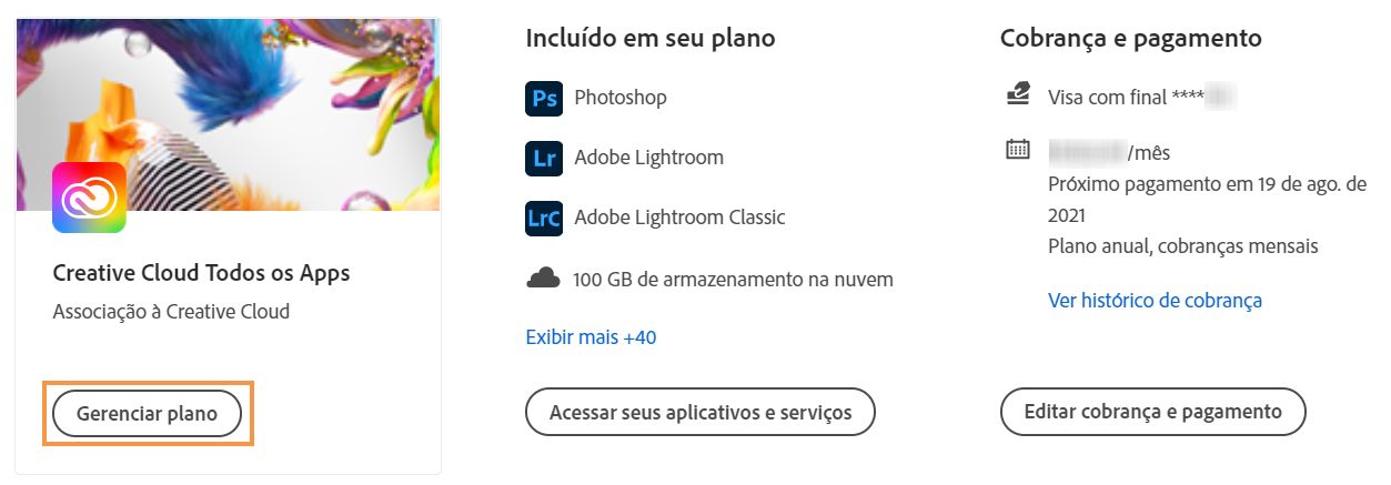 Selecione Gerenciar plano para atualizar o armazenamento 