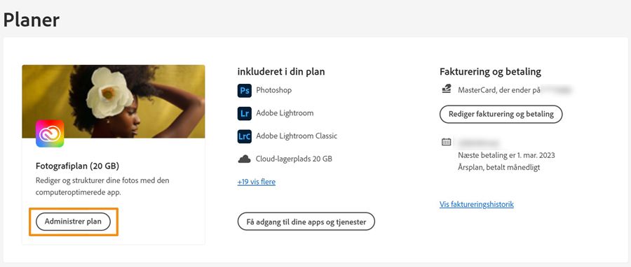 Vælg Administrer plan for at ændre din plan 