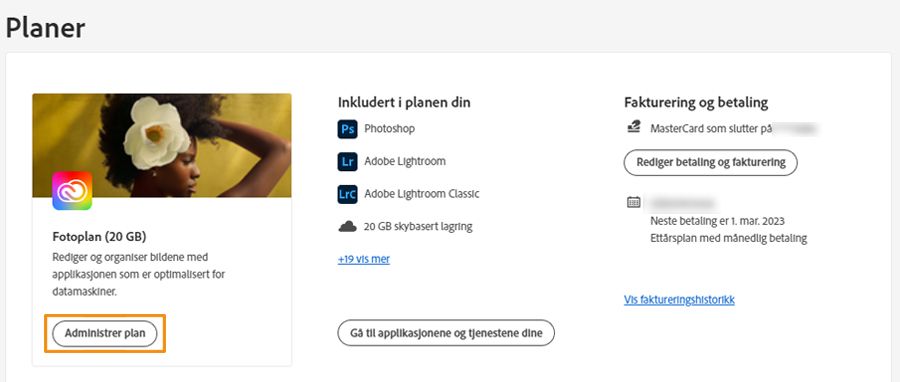 Velg Administrer plan for å endre planen din 