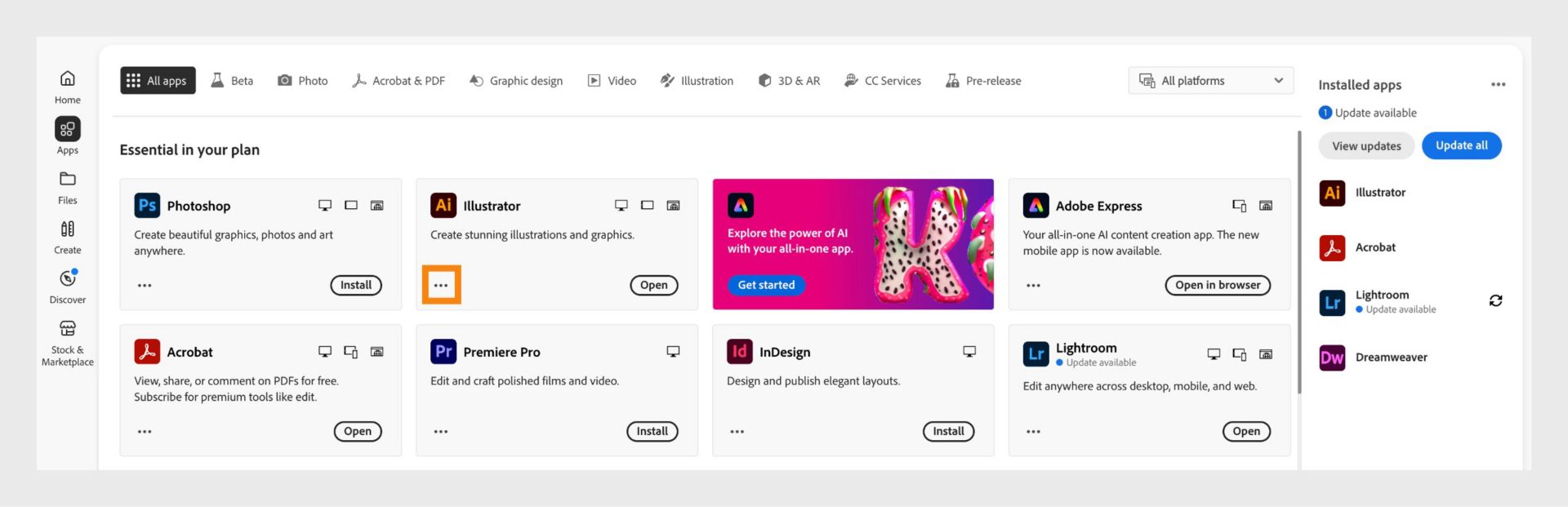 The All apps tab showing all Creative Cloud apps with the three dots button for each app. 