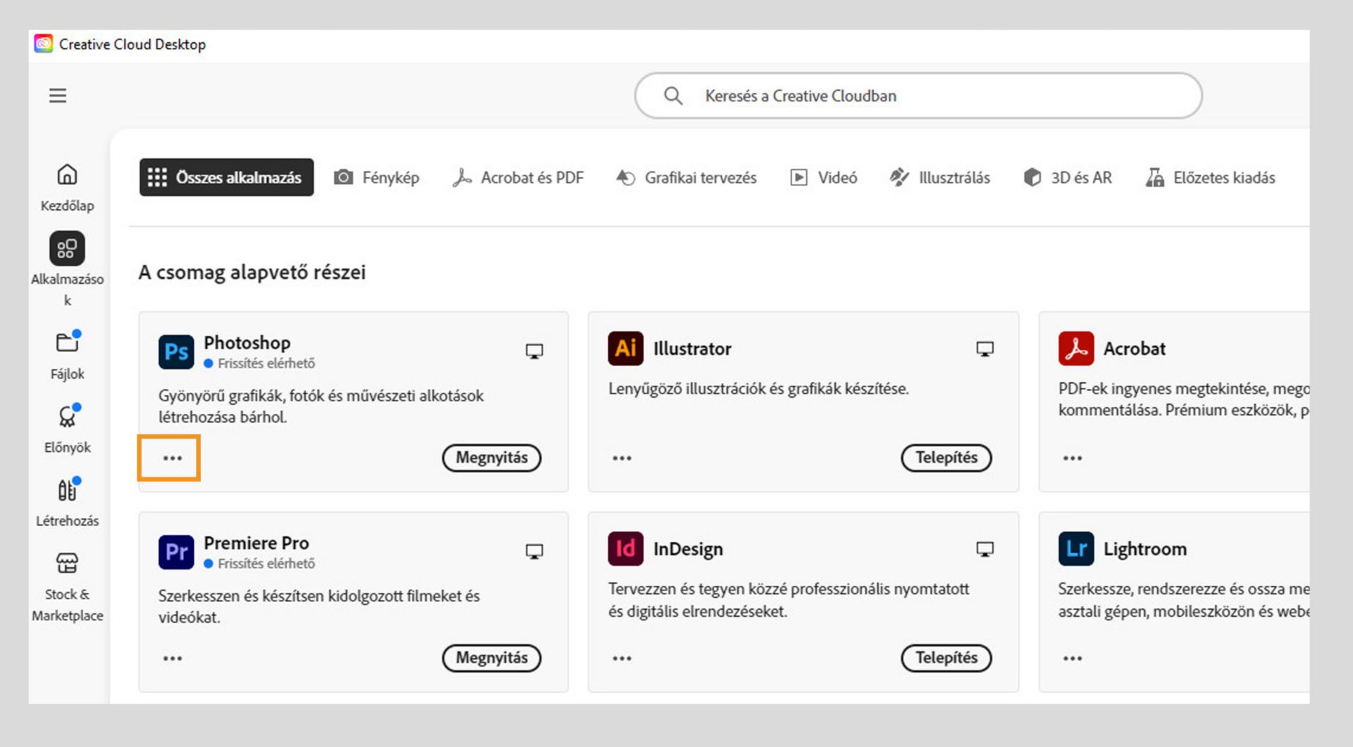 Az alkalmazáscsempe bal alsó sarkában található További műveletek ikon lehetőséget kínál az alkalmazás régebbi verzióinak letöltésére. 