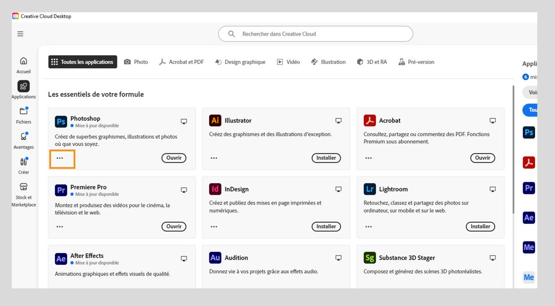 L'icône Plus d'actions disponible dans le coin inférieur gauche de la tuile de l'application offre la possibilité de télécharger des versions antérieures de l'application. 