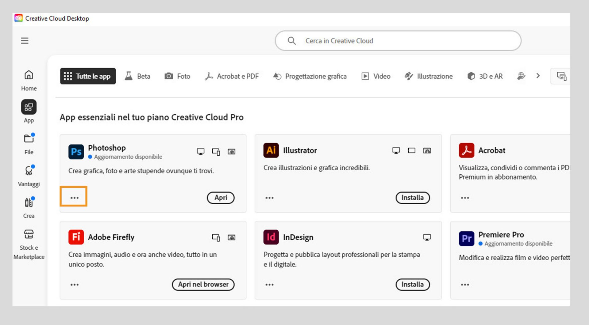 L'icona Altre azioni disponibile nell'angolo in basso a sinistra del riquadro dell'applicazione offre l'opzione per scaricare le versioni precedenti dell'applicazione. 