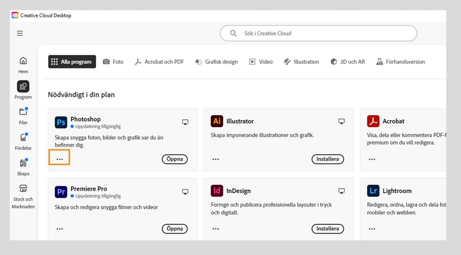 Ikonen för Fler åtgärder som finns i det nedre vänstra hörnet av programrutan ger möjlighet att hämta äldre versioner av programmet. 