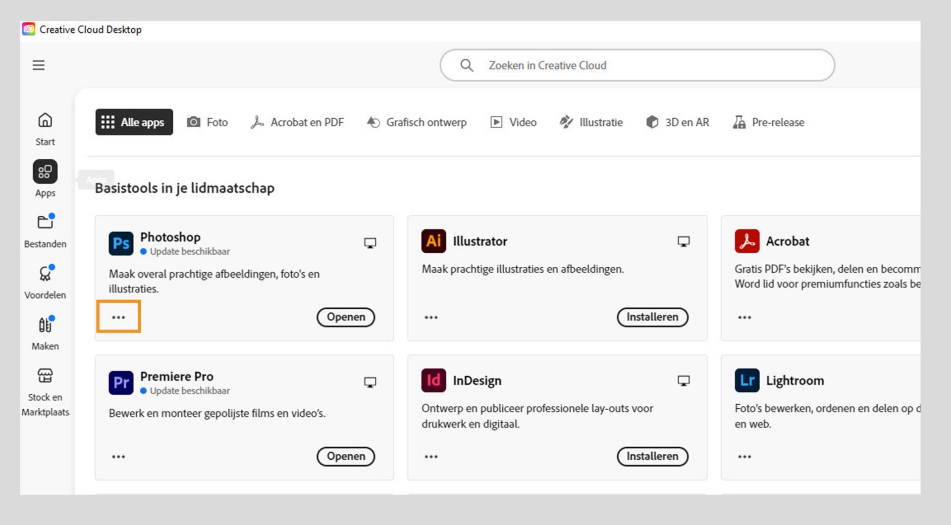 Het pictogram Meer acties in de linkerbenedenhoek van de apptegel biedt de optie om eerdere versies van de app te downloaden. 
