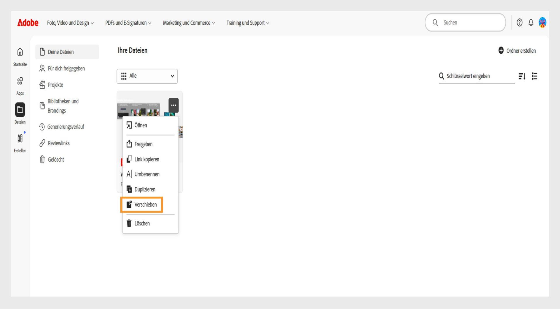 Adobe Web-Oberfläche mit geöffnetem Optionen-Menü einer Datei, wobei die Option „Verschieben“ zum Verschieben des ausgewählten Dokuments hervorgehoben ist.