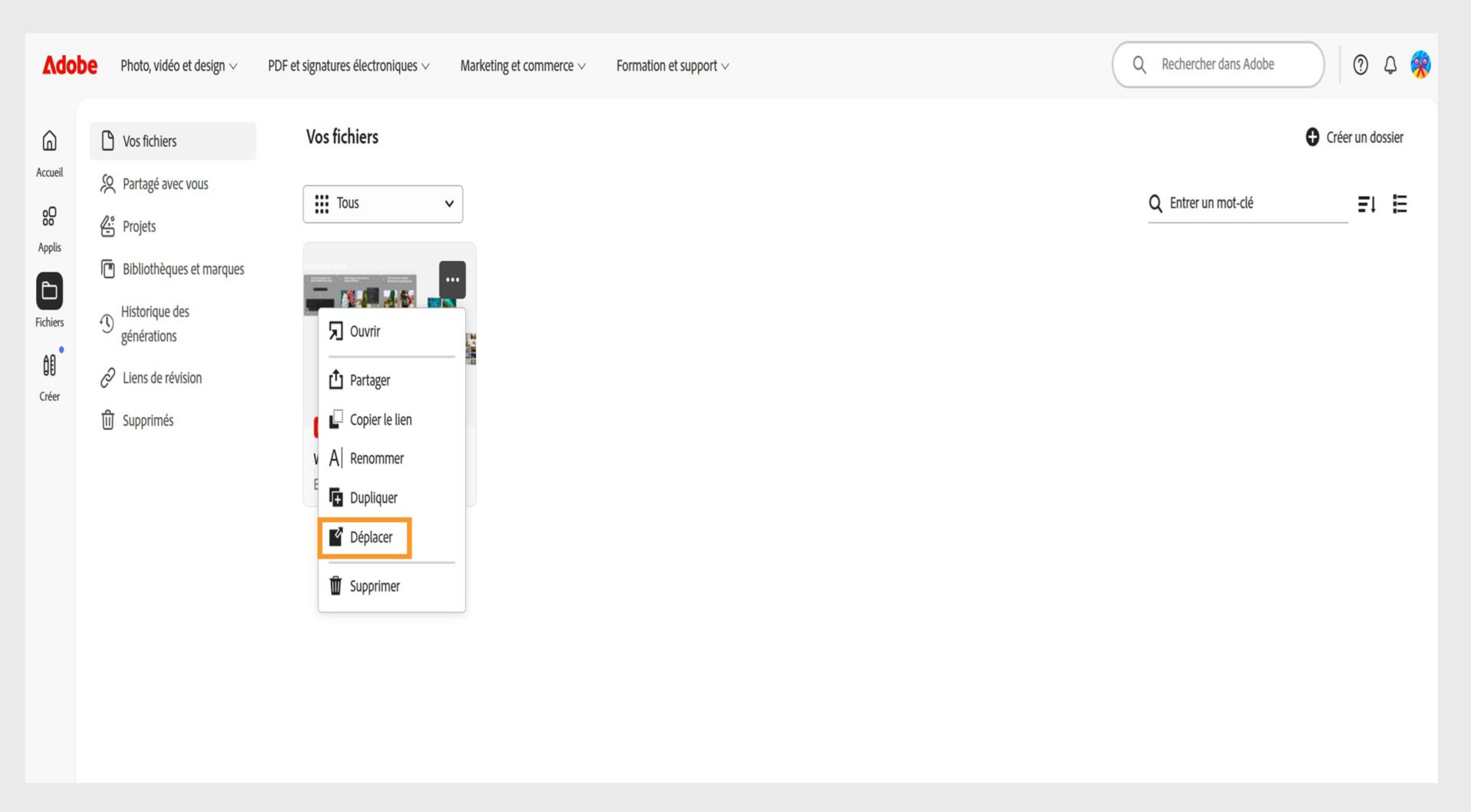 Interface web Adobe montrant le menu d’options d’un fichier ouvert, avec l’option Déplacer mise en surbrillance pour déplacer le document sélectionné.
