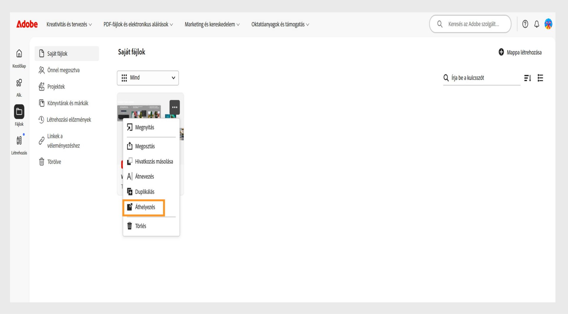 Az Adobe web felülete egy fájl options menüjével, ahol az Áthelyezés lehetőség ki van emelve a kiválasztott dokumentum áthelyezéséhez.
