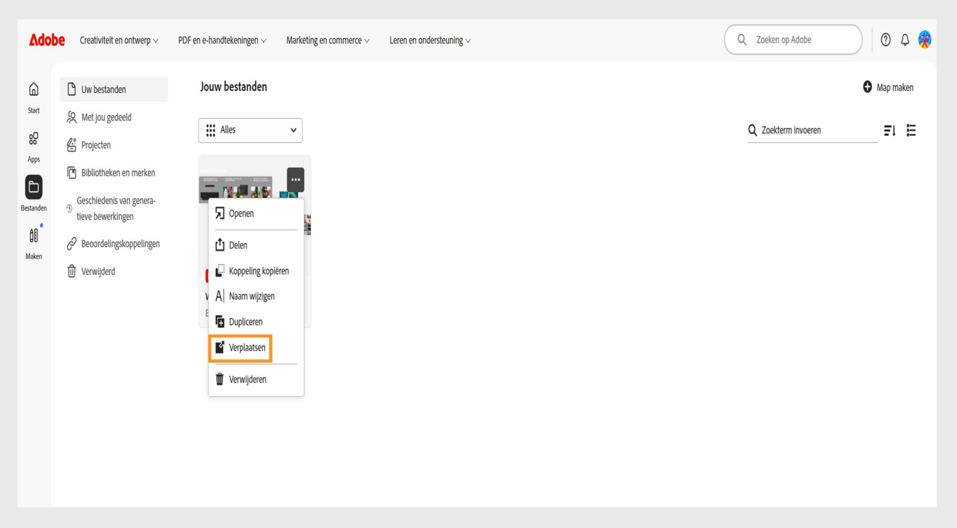 Adobe web-interface met het options-menu van een bestand geopend, waarbij de optie Verplaatsen is gemarkeerd voor het verplaatsen van het geselecteerde document.