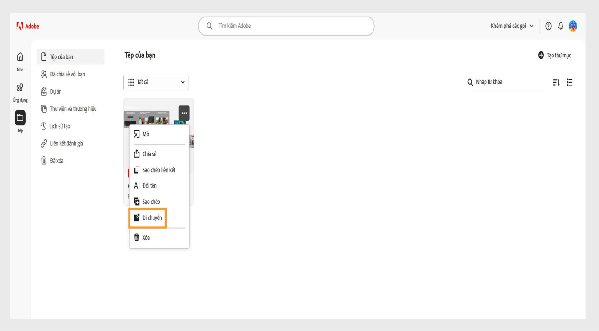 Giao diện web Adobe hiển thị menu tùy chọn của tập tin đang mở, với tùy chọn Di chuyển được làm nổi bật để di chuyển tài liệu đã chọn.
