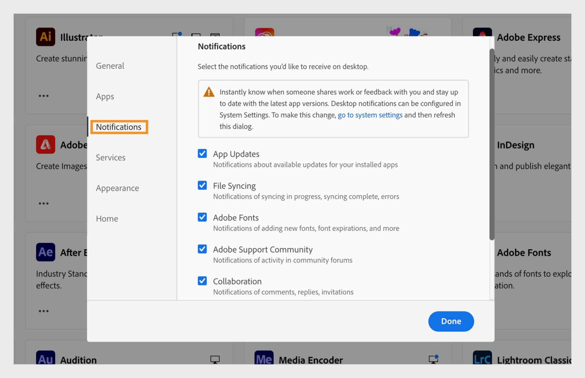 Het tabblad Meldingen in het venster Voorkeuren met meerdere meldingsinstellingen. Op basis van deze instellingen ontvangen gebruikers meldingen in hun Creative Cloud-app.