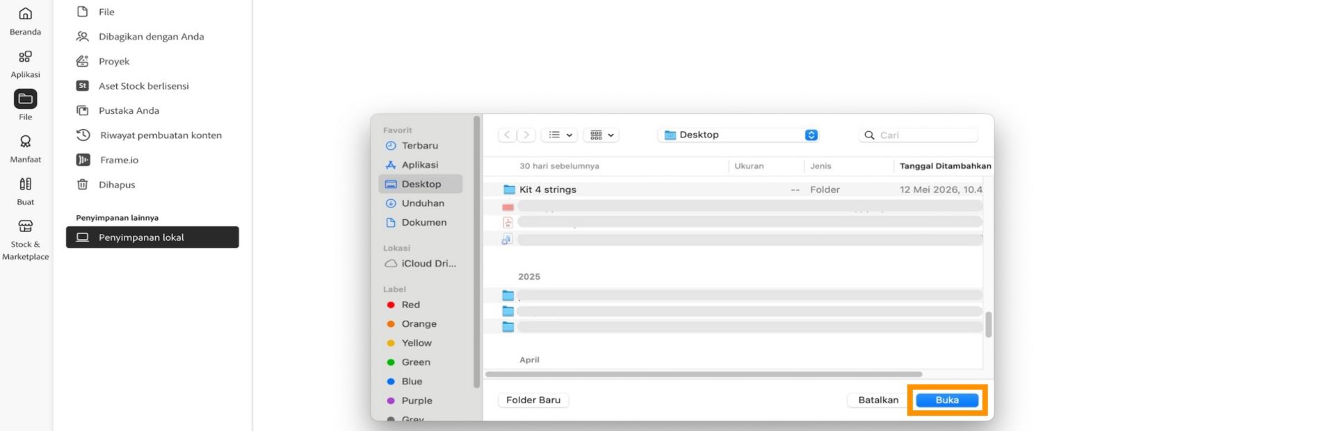 Jendela pemilih file yang menampilkan folder yang dipilih sebelum menambahkannya ke Penyimpanan lokal di aplikasi desktop Creative Cloud.