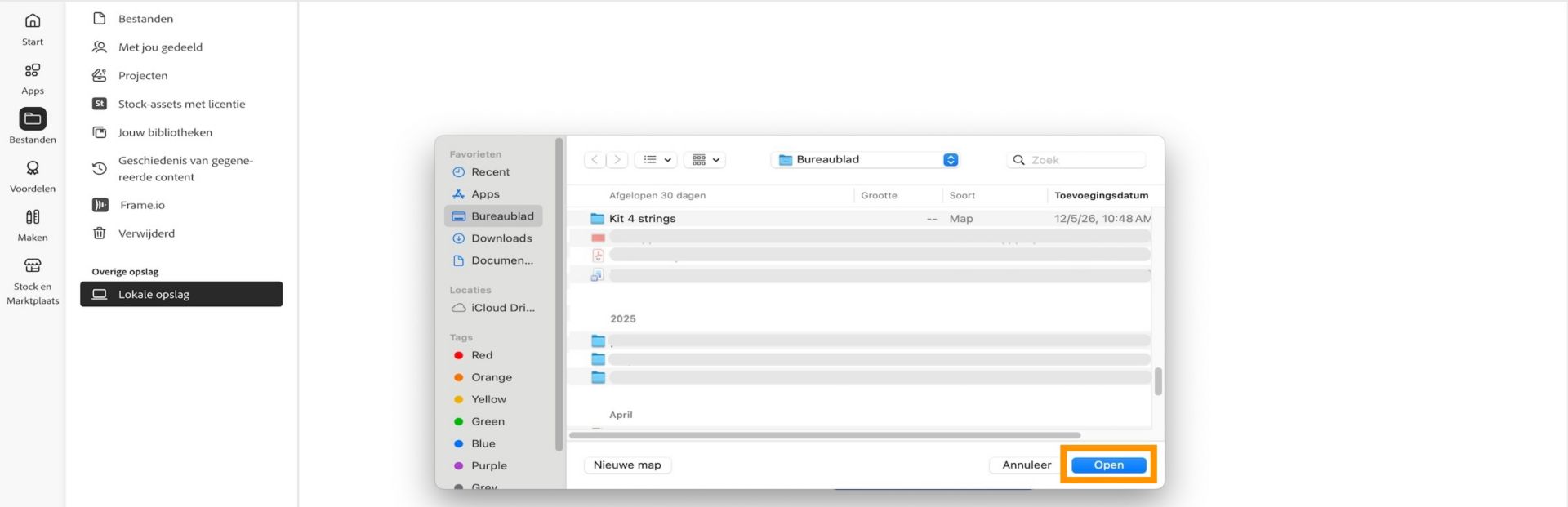 Bestandsselectievenster waarin een map wordt geselecteerd voordat deze wordt toegevoegd aan Lokale opslag in de Creative Cloud desktop-app.