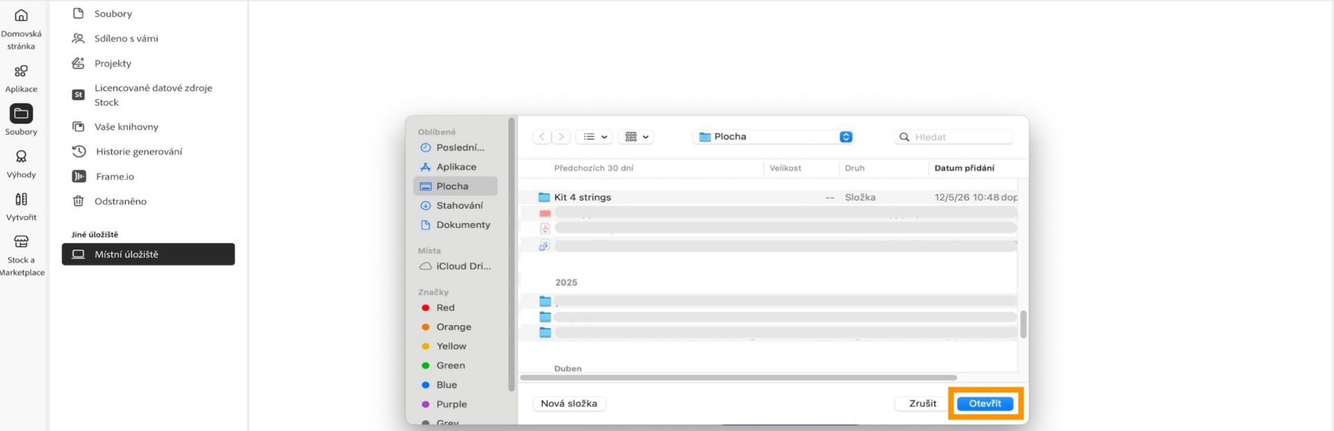 Okno pro výběr souborů zobrazující složku, kterou vybíráte před přidáním do místního úložiště v aplikaci Creative Cloud pro počítače.