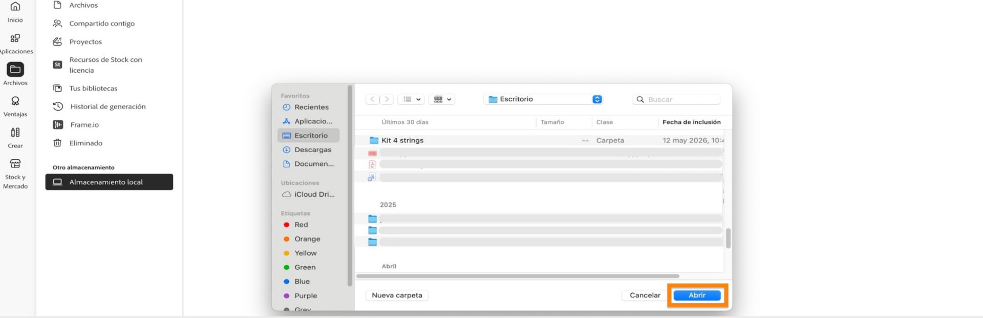 Ventana del selector de archivos que muestra una carpeta siendo seleccionada antes de añadirla al Almacenamiento local en la aplicación de Creative Cloud para escritorio.