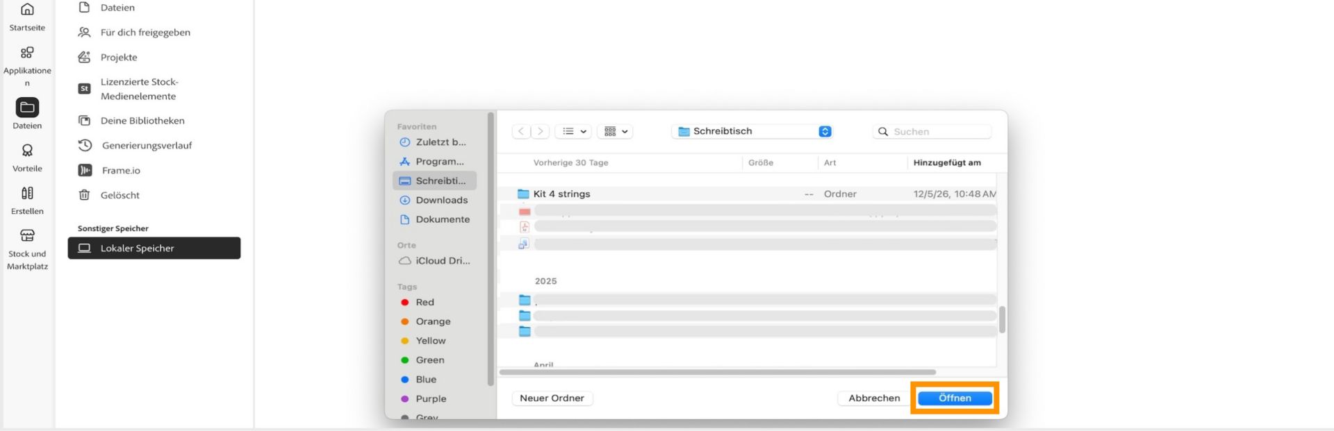 Dateiauswahlfenster, in dem ein Ordner ausgewählt wird, bevor er im Creative Cloud-Client zum lokalen Speicher hinzugefügt wird.