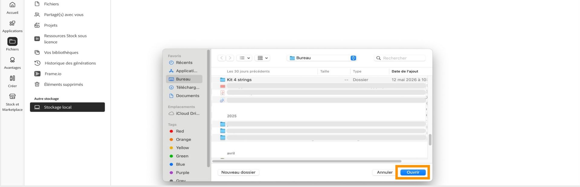 Fenêtre de sélection de fichier montrant un dossier en cours de sélection avant de l’ajouter au stockage local dans l’application Creative Cloud.