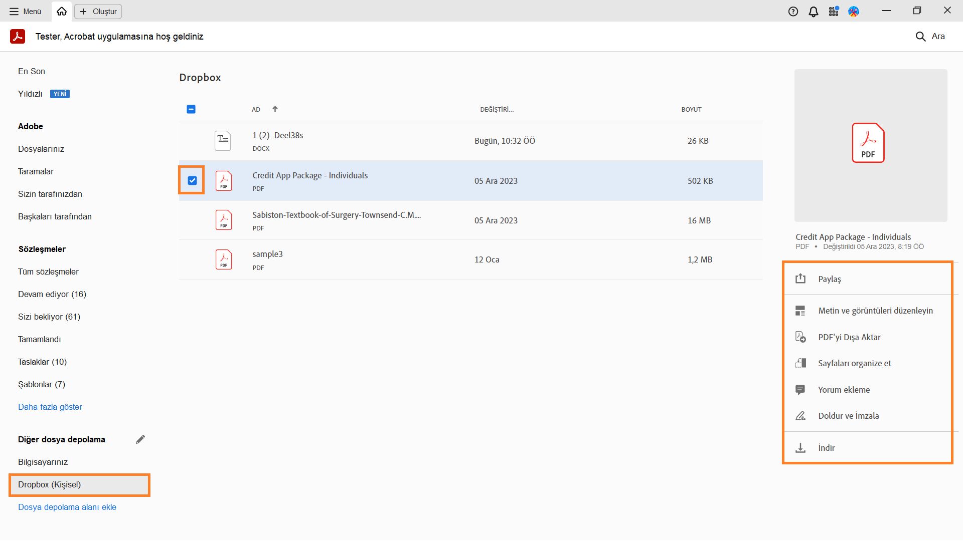 Seçilen dosyaya özel eylemleri almak için dosya seçin