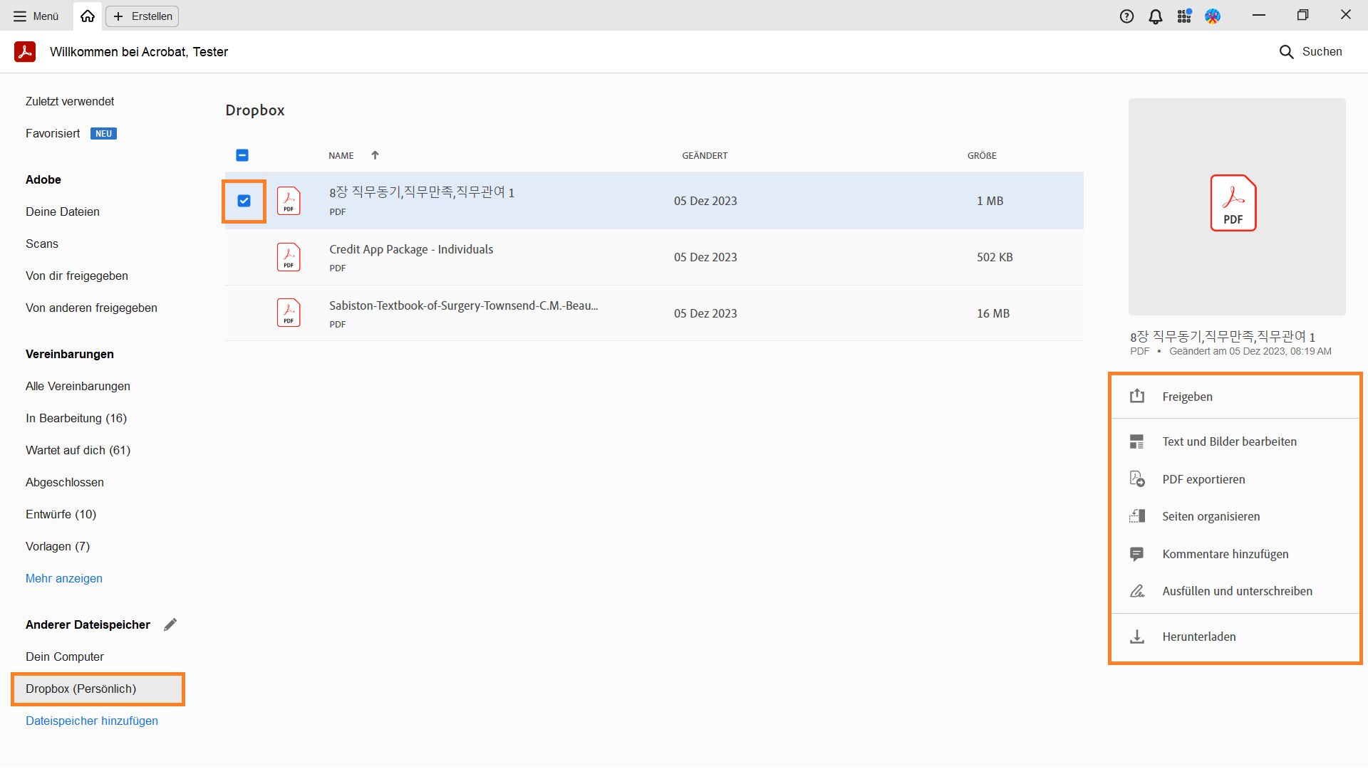 Datei auswählen, um spezifische Aktionen für die ausgewählte Datei zu erhalten
