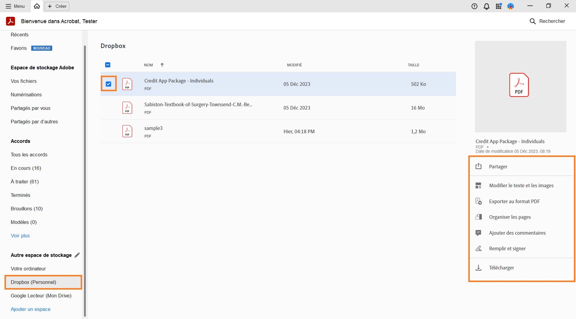 Sélectionnez un fichier pour obtenir les actions spécifiques au fichier sélectionné.