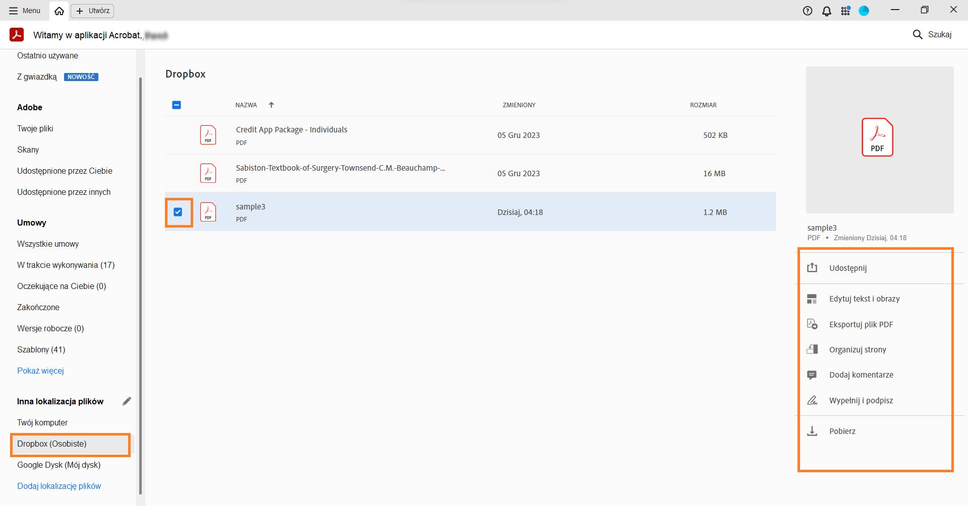 Wybierz plik, aby uzyskać działania specyficzne dla wybranego pliku