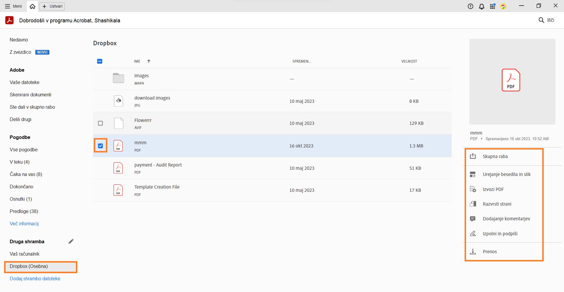 Izberite datoteko in pridobite dejanja, ki so specifična za izbrano datoteko.