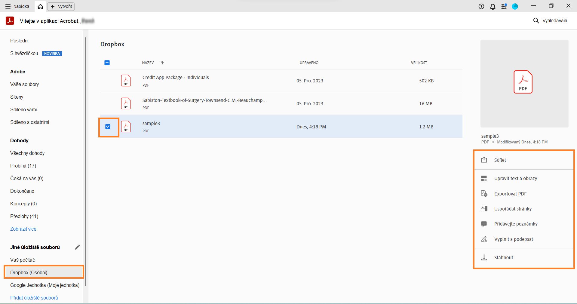 Vyberte soubor, chcete-li získat akce specifické pro vybraný soubor