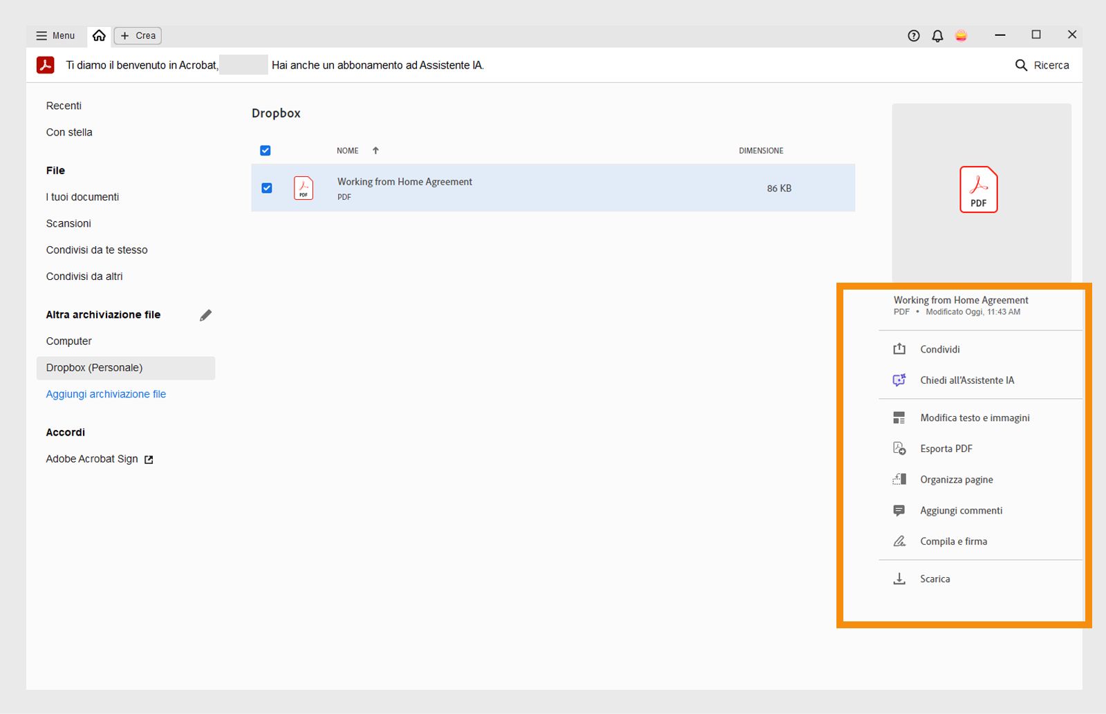 Selezionare file per ottenere le azioni specifiche ad esso relative