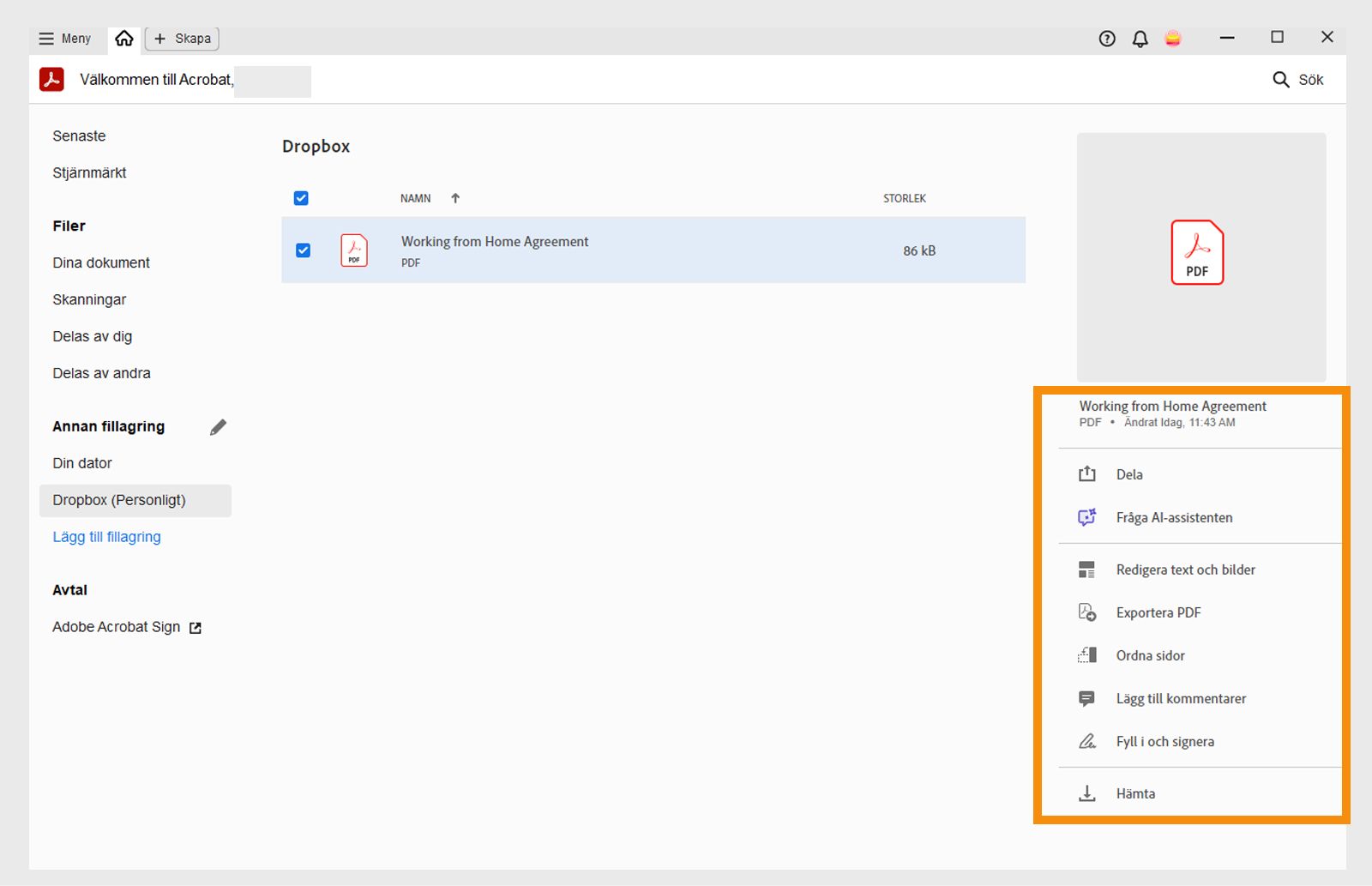 Välj fil för att få åtgärder som är specifika för den valda filen