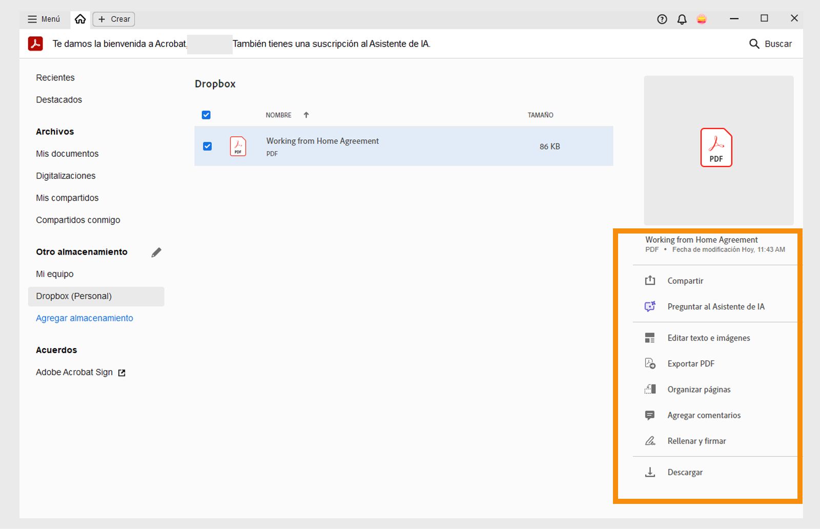 Seleccionar archivo para obtener acciones específicas del archivo seleccionado