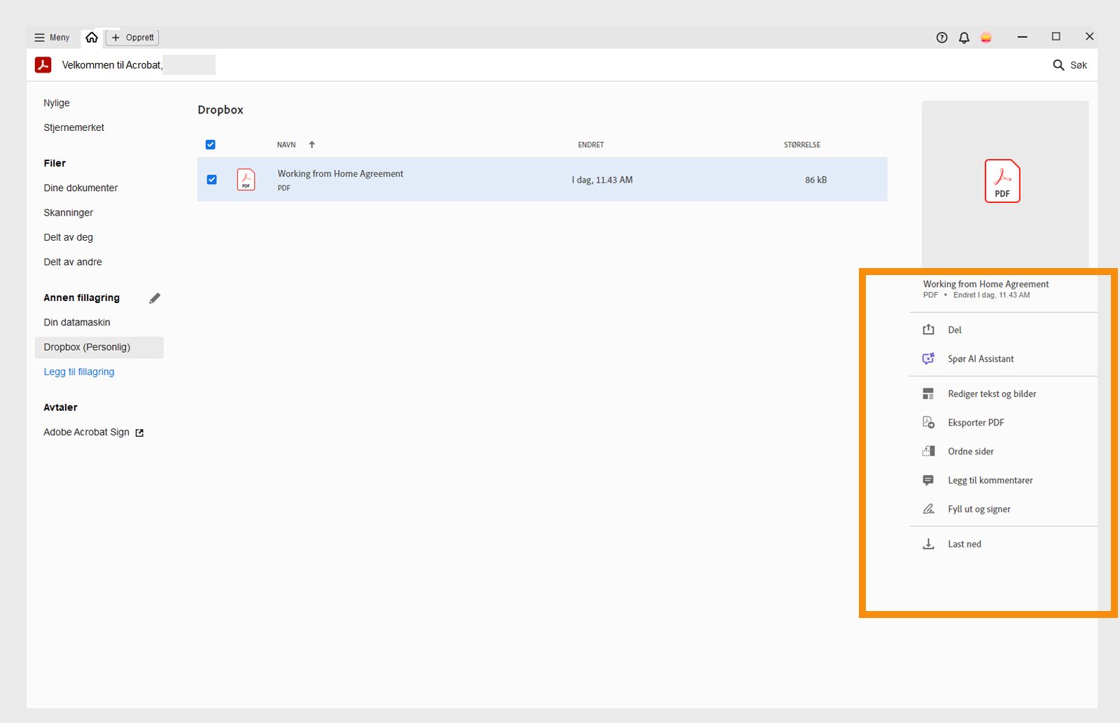 Velg fil for å hente handlinger som er spesifikke for den valgte filen