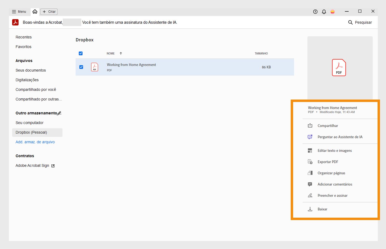 Selecione o arquivo para obter ações específicas dele