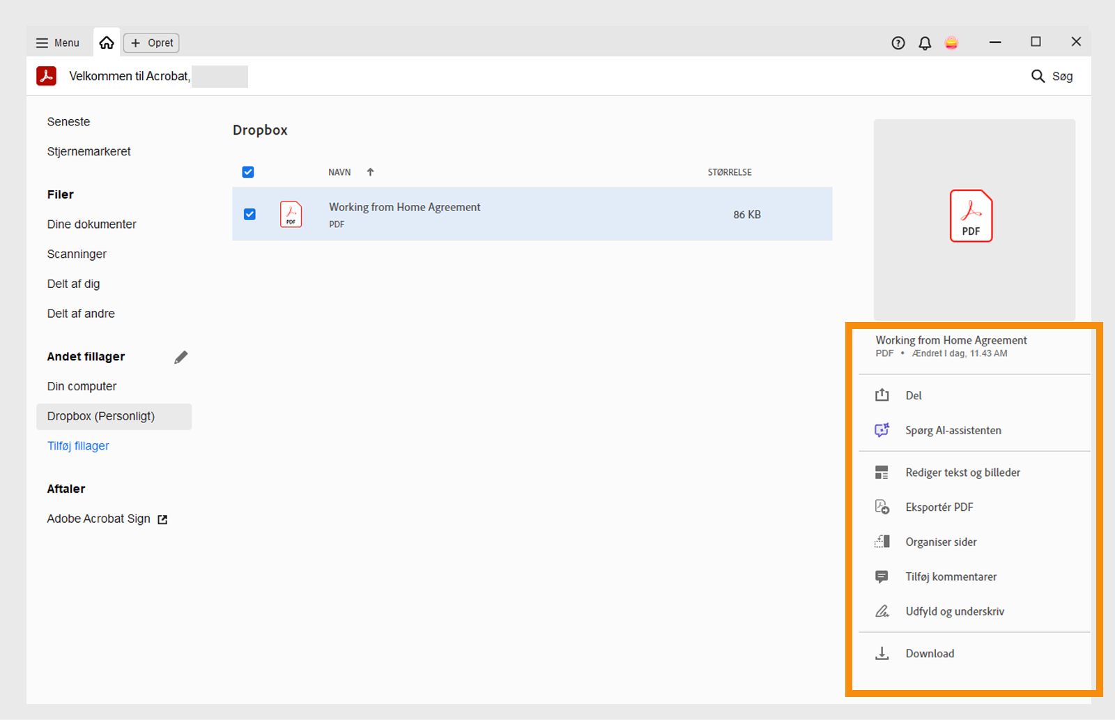 Vælg fil for at få handlinger, der er specifikke for den valgte fil