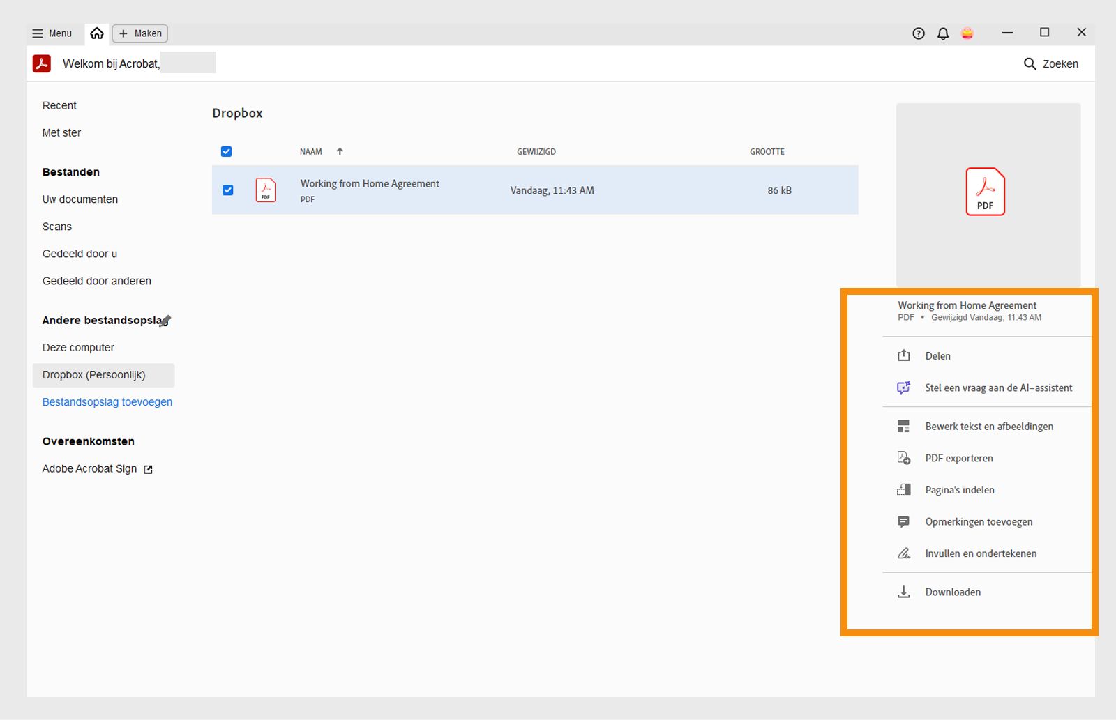 Selecteer het bestand om specifieke handelingen voor het geselecteerde bestand op te halen