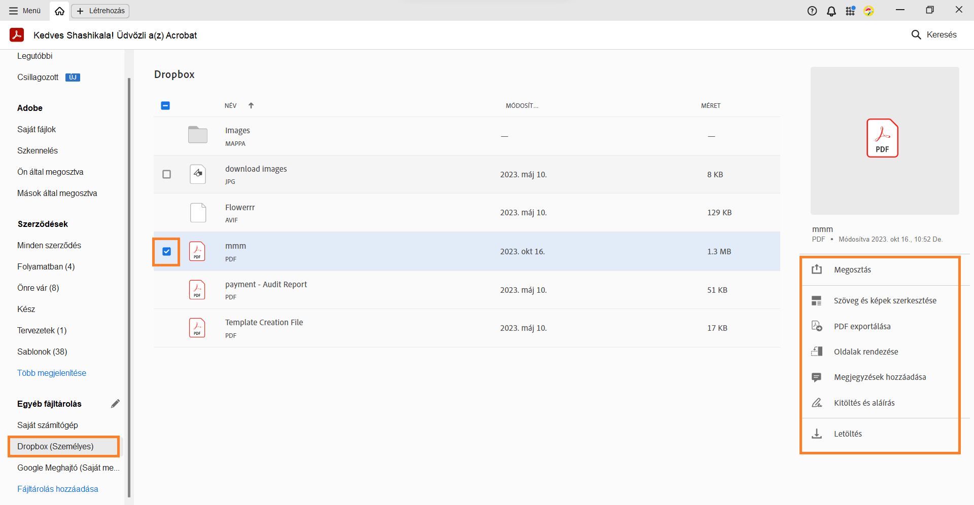 Válassza ki a fájlt a kiválasztott fájlra vonatkozó műveletek megtekintéséhez