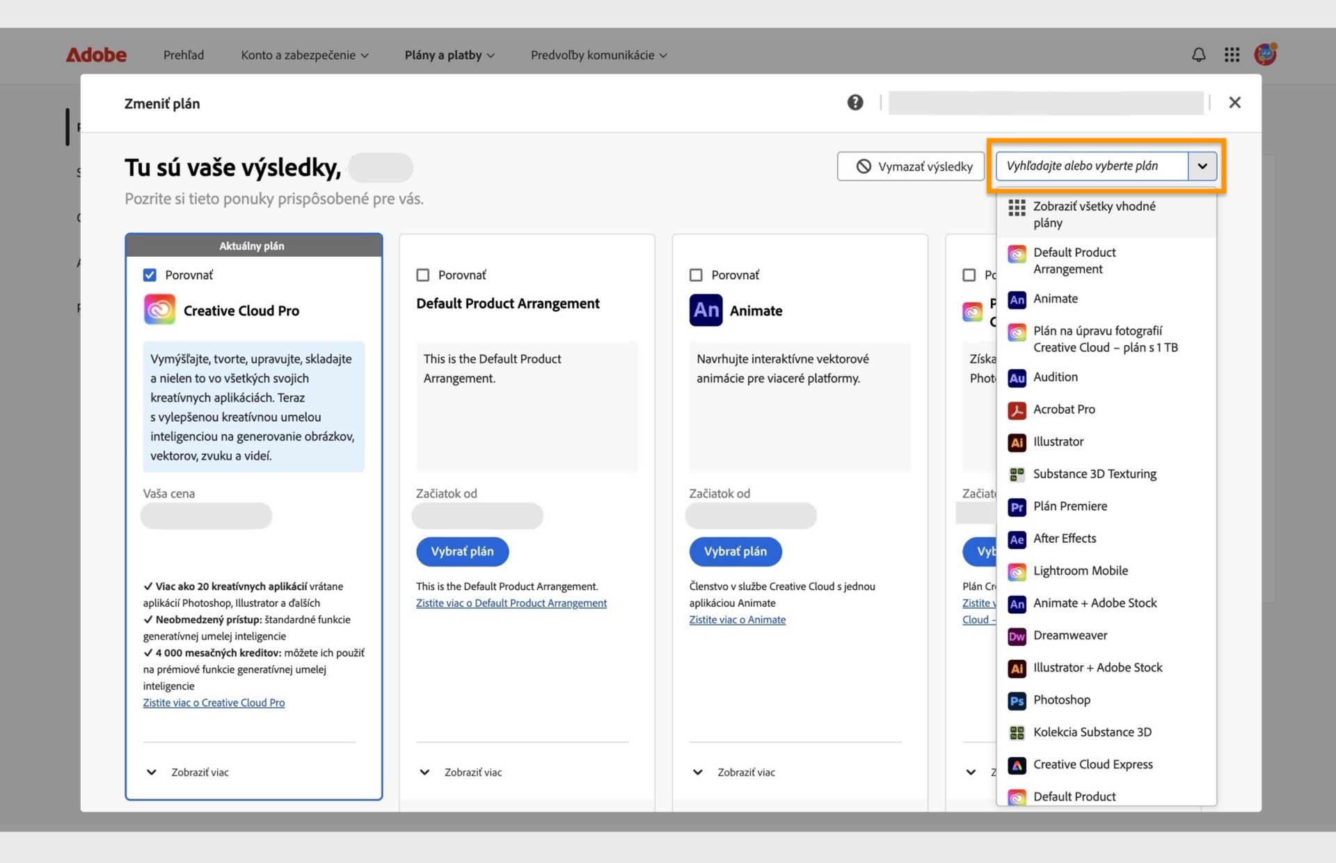 Okno Zmena plánu zobrazuje aktuálny plán, niektoré odporúčané plány a možnosti výberu plánu, porovnania plánov, zobrazenia ďalších odporúčaní, vyhľadania plánu a výber plánu pomocou rozbaľovacieho zoznamu. 