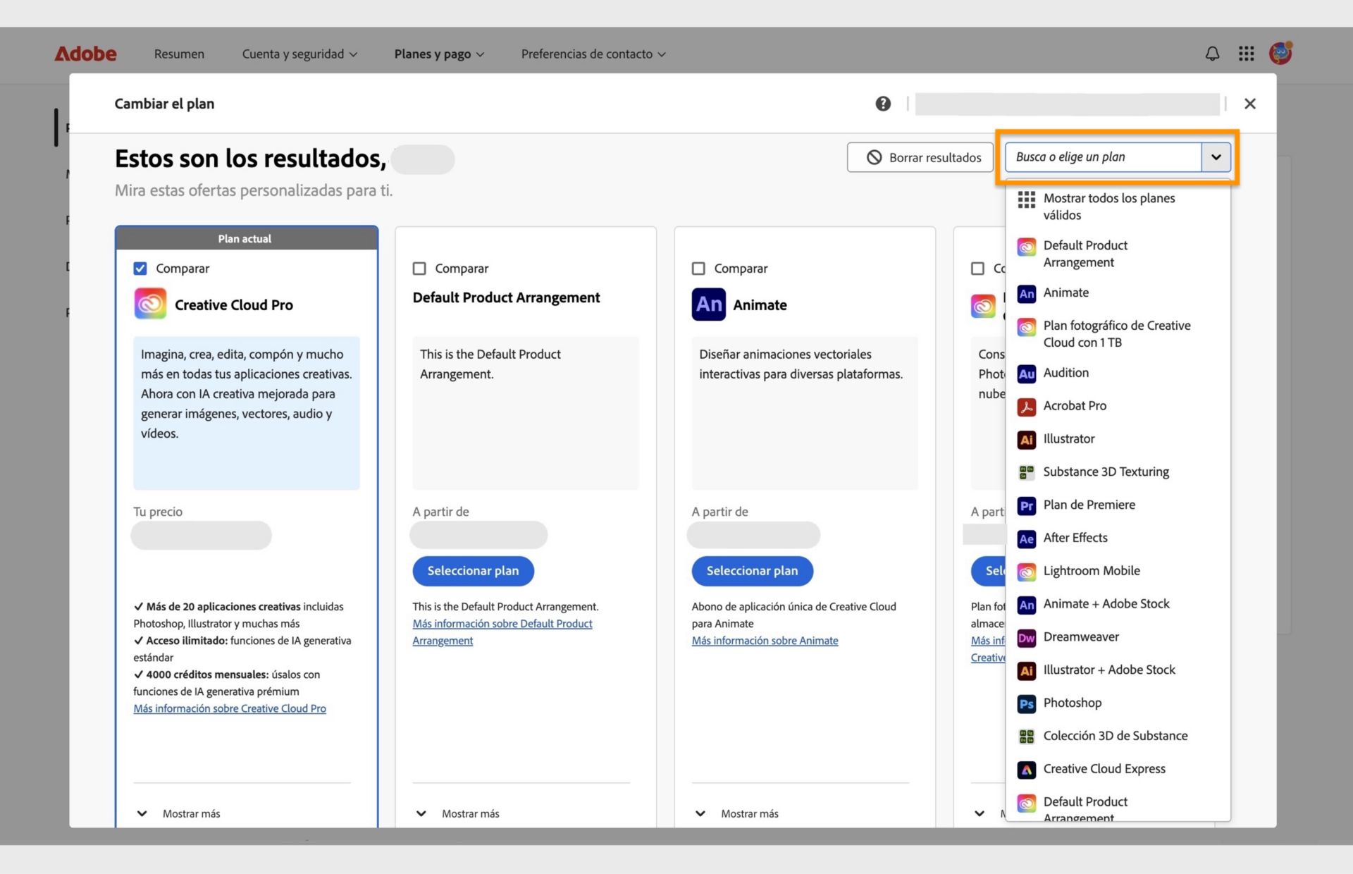 La ventana Cambiar el plan con el plan actual, algunos planes recomendados y opciones para seleccionar un plan, comparar planes, ver más recomendaciones, buscar un plan y seleccionar un plan usando un menú desplegable. 