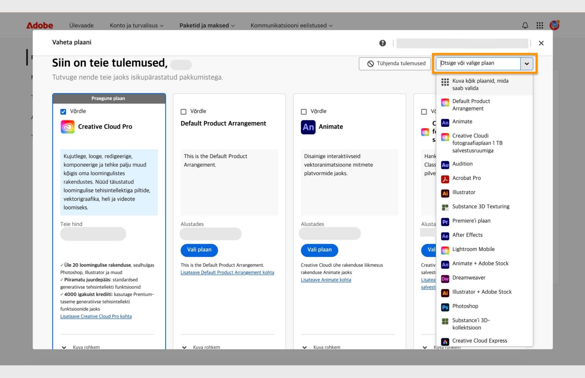 Aken Muuda plaani, milles on kuvatud praegune plaan, mõned soovitatud plaanid ja võimalused plaani valimiseks, plaanide võrdlemiseks, rohkemate soovituste kuvamiseks, plaani otsimiseks ja plaani valimiseks rippmenüüst. 